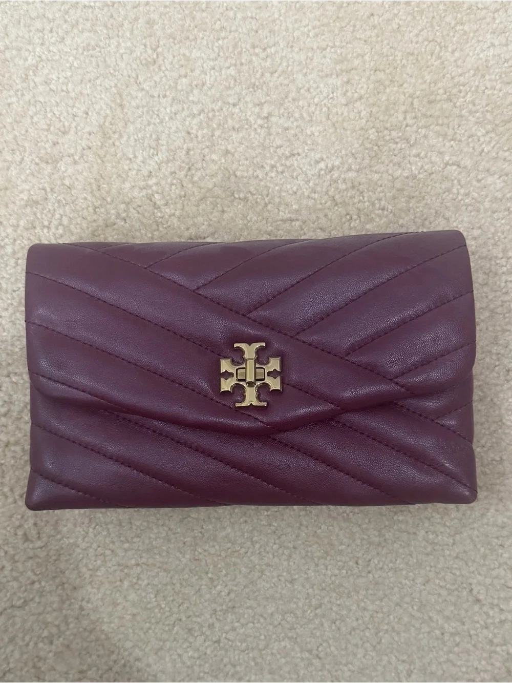 Tory Burch Kira Chevron Leather Wallet Crossbody Bag Plum Burgundy Gold Hardware